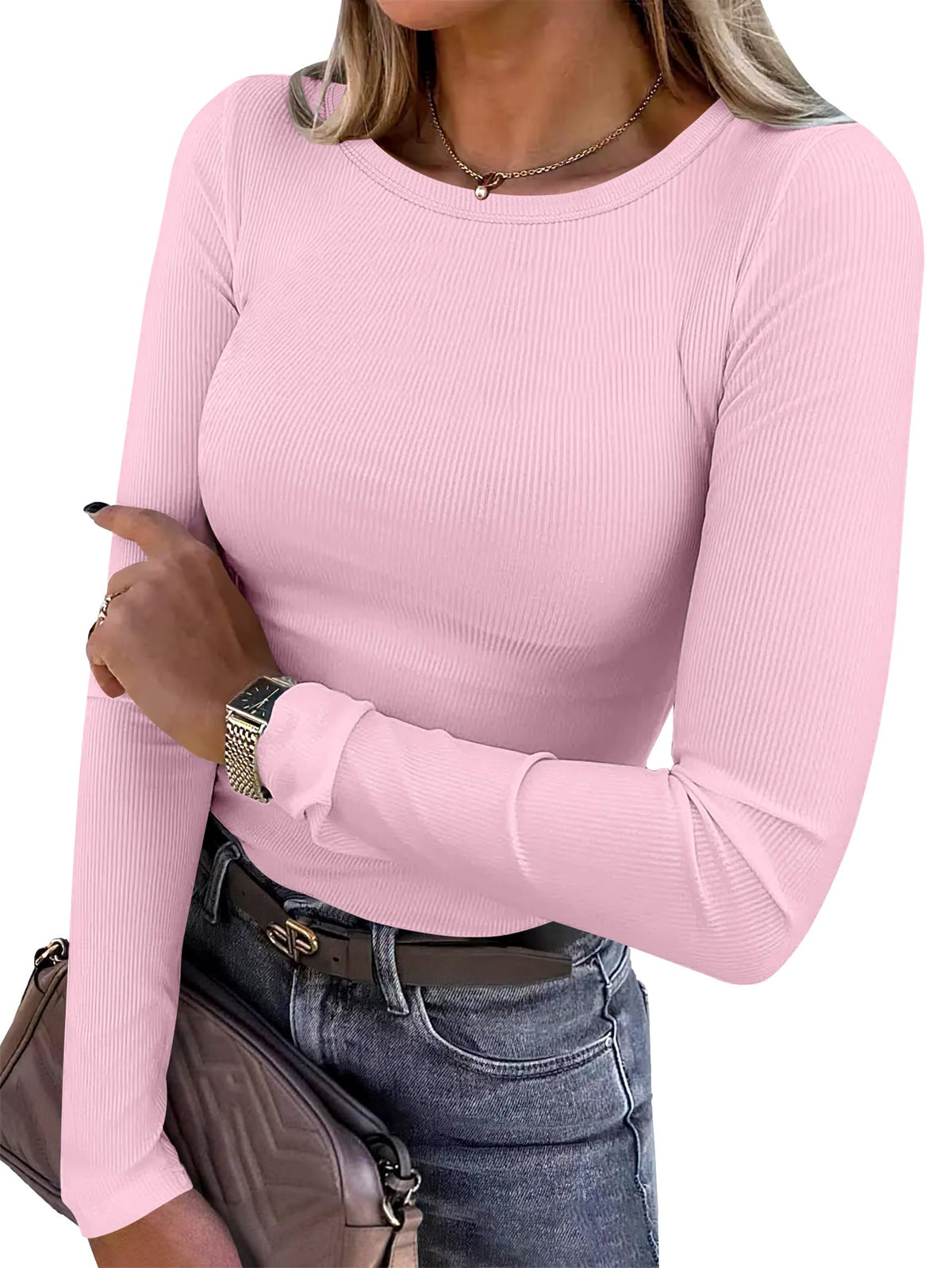 Detail of the long sleeve cuff on the ribbed fitted top