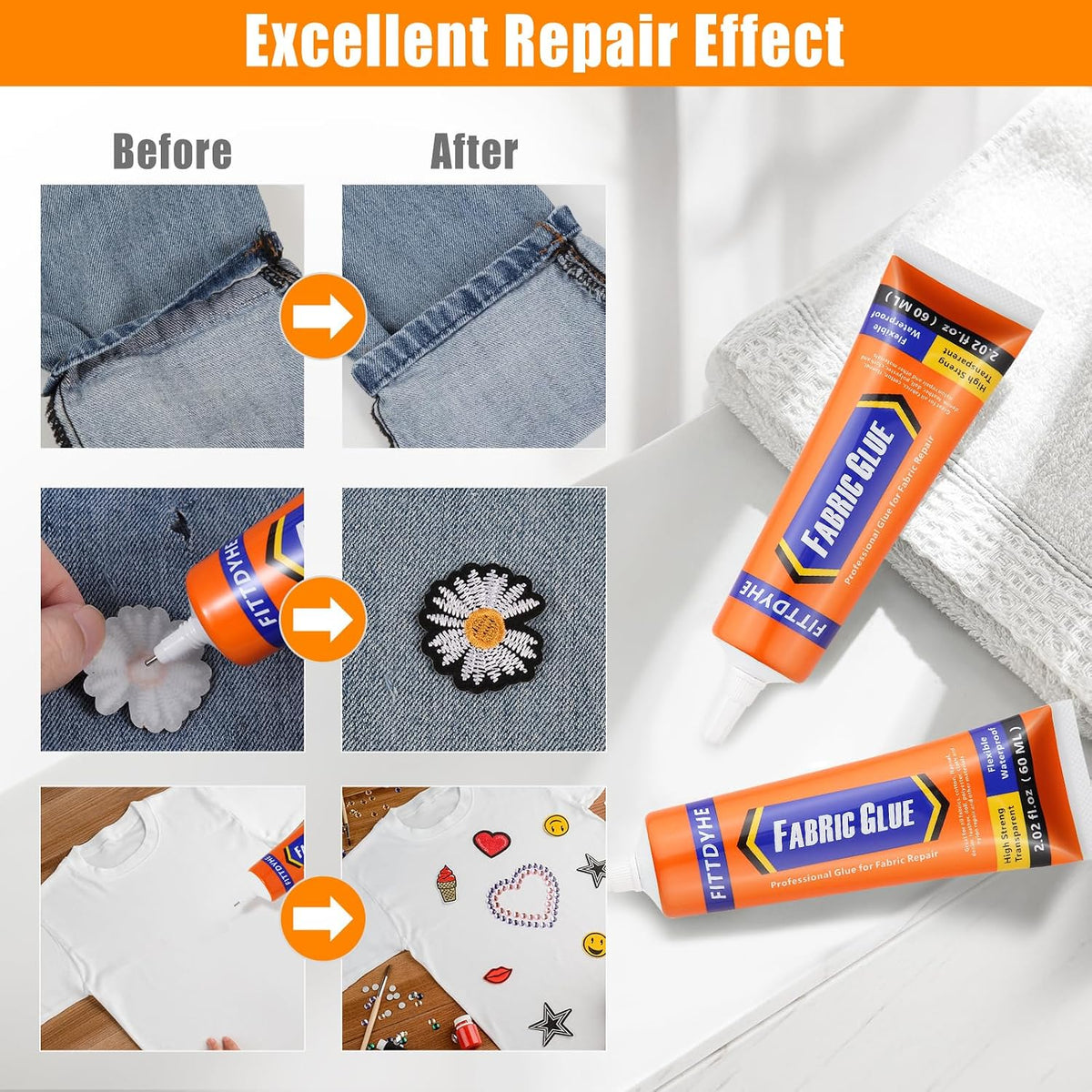 FITTDYHE Fabric Glue Permanent, 60 ML Washable Clear Clothing Glue, Super Fabric Glue for Rhinestones, Patches, Clothes, Denim, Leather, Polyester, Fabrics, Doll Repair, Flannel, Cotton Jansha Store