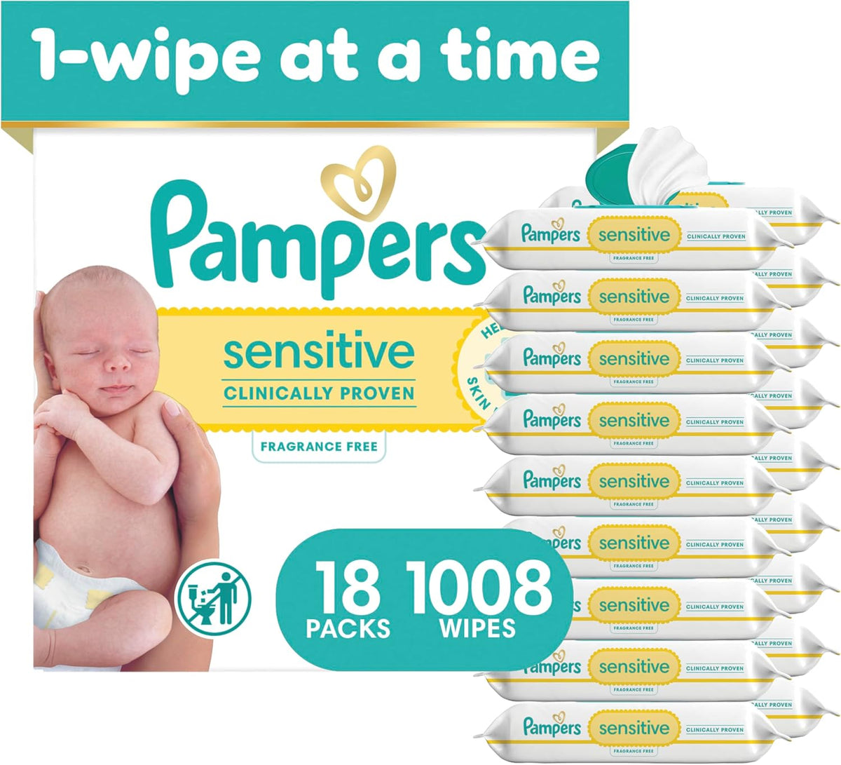 Pampers Sensitive Baby Wipes, Unscented, Fragrance Free, Clinically Proven, Water Based, Hypoallergenic, Multi-Use, Hand Wipes, 1008 Wipes Total (18X Flip-Top Packs) Jansha Store