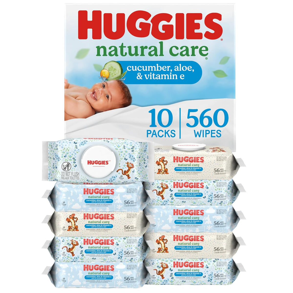 Huggies Natural Care Cucumber, Aloe and Vitamin E Baby Wipes, Hypoallergenic, Scented, 10 Flip-Top Packs (560 Wipes Total), Packaging May Vary Jansha Store