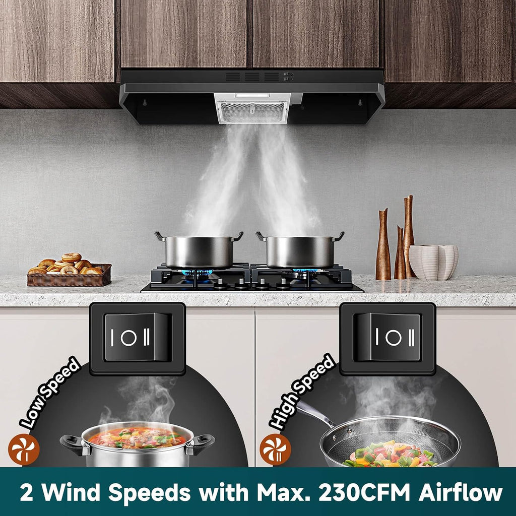 SNDOAS Black Range Hood 36 inch,Ductless Under Cabinet Range Hood Included Carbon Sponge Filter,Ducted Optional,Kitchen Hood 36 inch with 2 Vents,2 Speeds,Hard Wired Stove Vent Jansha Store