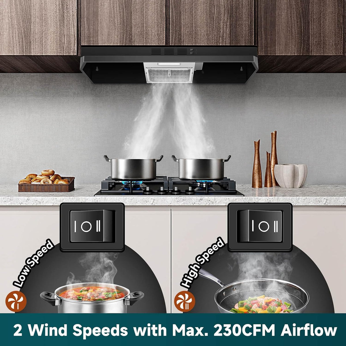 SNDOAS Black Range Hood 36 inch,Ductless Under Cabinet Range Hood Included Carbon Sponge Filter,Ducted Optional,Kitchen Hood 36 inch with 2 Vents,2 Speeds,Hard Wired Stove Vent Jansha Store