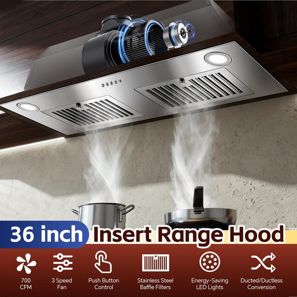 Range Hood Insert 30 inch,Stainless Steel Kitchen Vent Hood 600CFM,Built-in Kitchen Stove Hood w/Front Button Controls and Front LED Lights,Baffle Filters,Ducted/ductless Convertible Duct Jansha Store