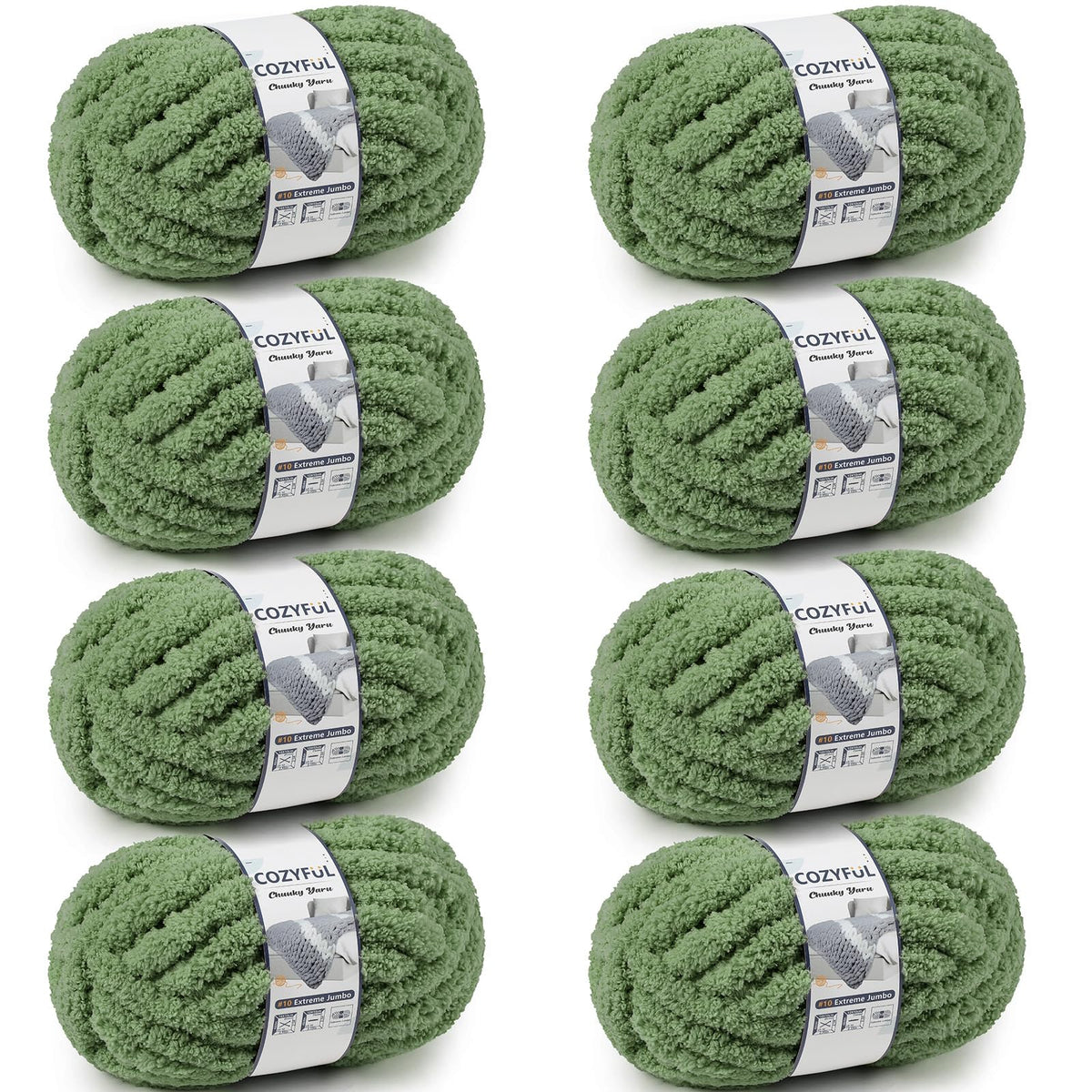 Cozyful Chunky Yarn for Hand Knitting - #10 Chunky Chenille Yarn, Jumbo Big Thick Chunky Yarns for Crocheting, Super Bulky Chunky Knit Blanket Yarns, 8 Skein (22 yds 8 oz Each Skein), Soft Sage Green Jansha Store
