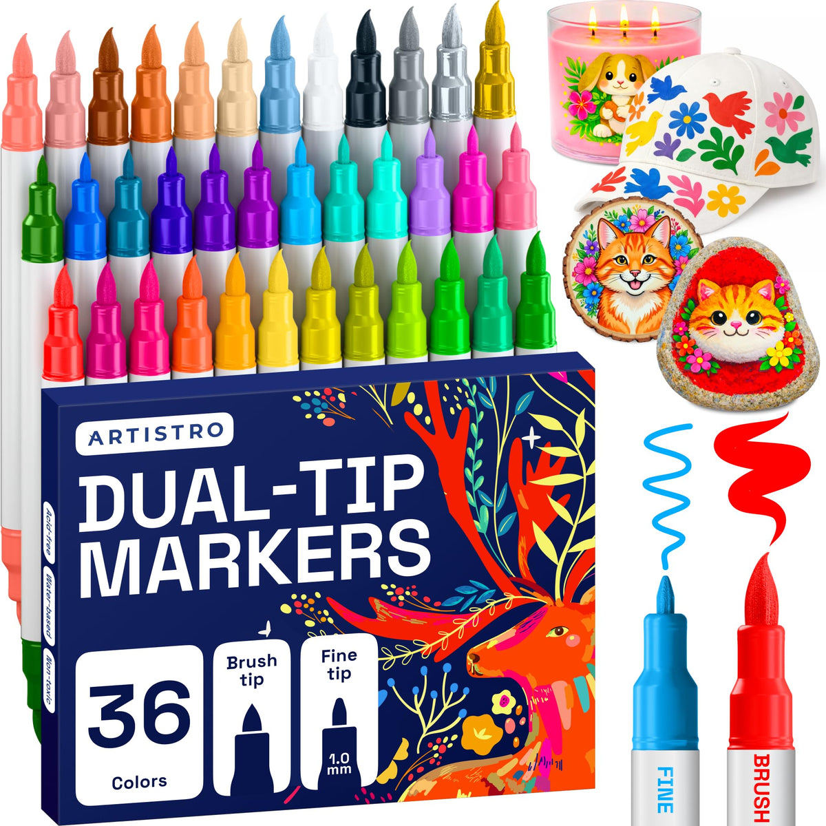 ARTISTRO 36 Multicolor Dual-Tip Acrylic Paint Marker Pens for Drawing Jansha Store