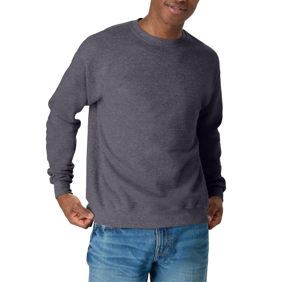 Hem and waistband detail on men's fleece pullover sweatshirt