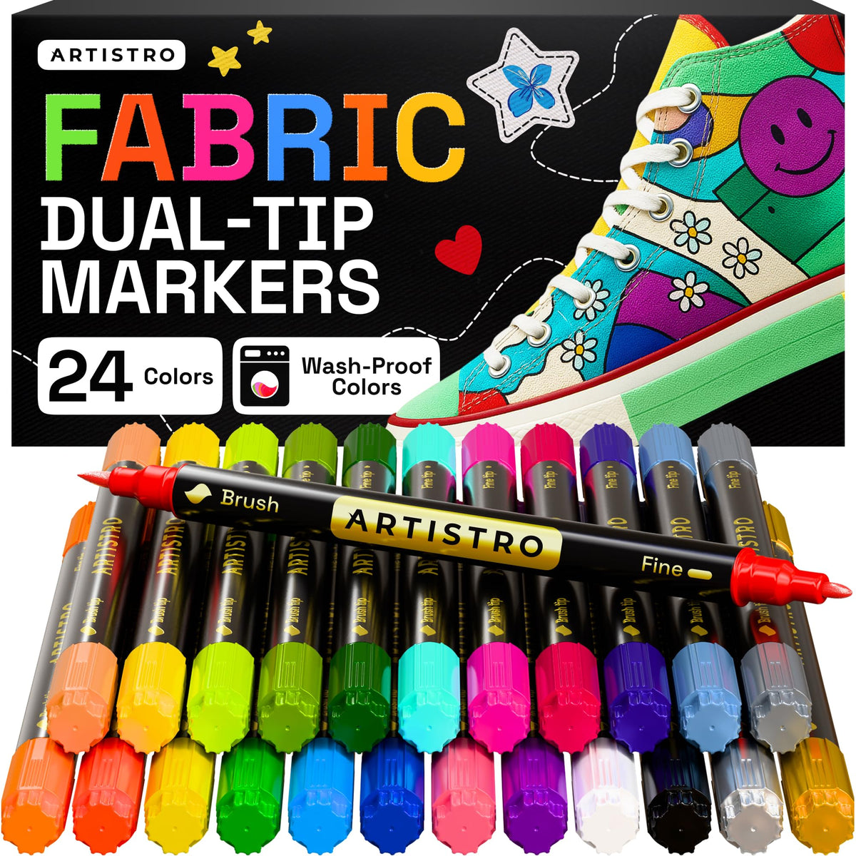 ARTISTRO 5 Black Dual-Tip Fabric Markers Decorating Kit, for Clothes Jansha Store