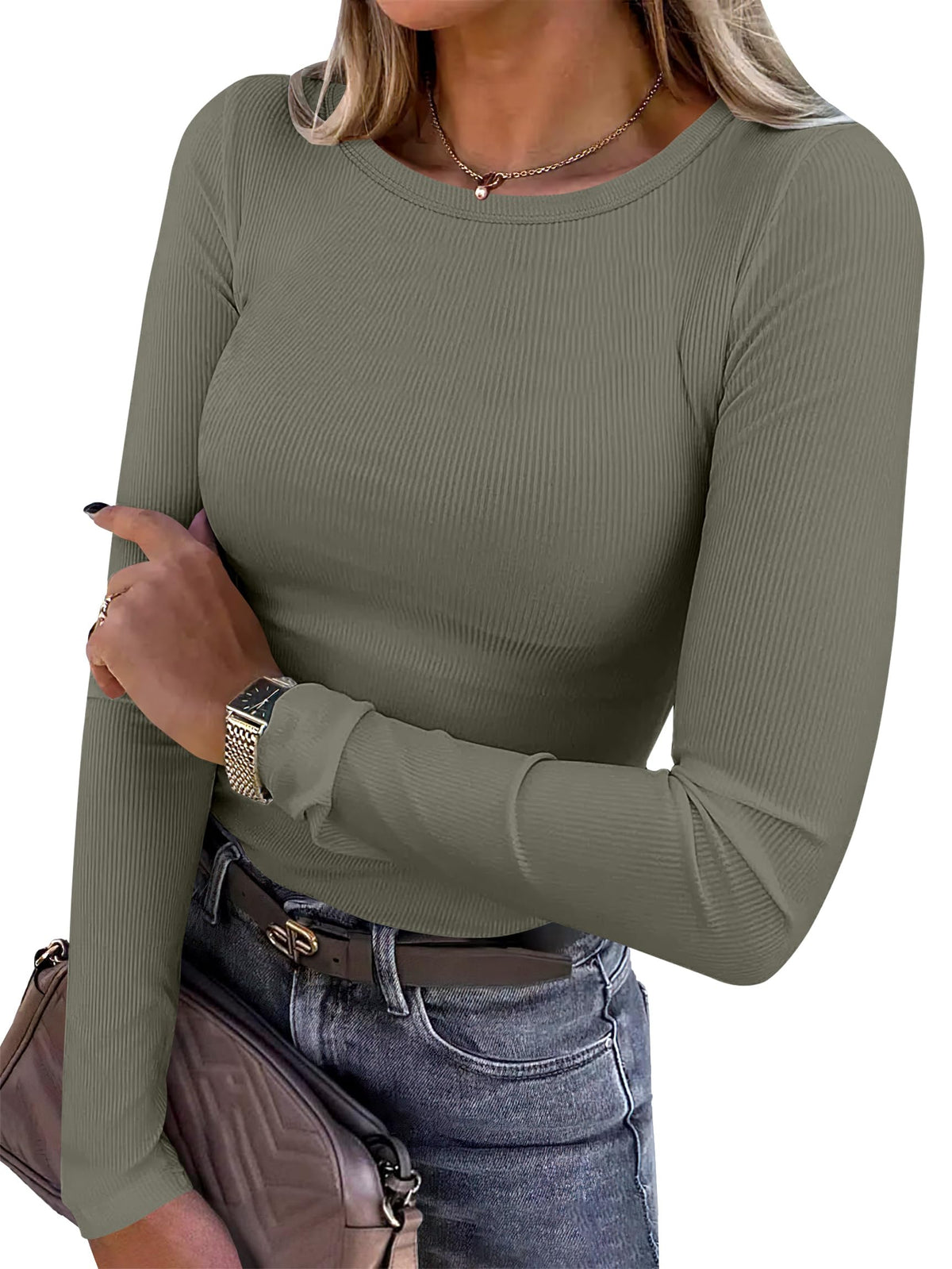 ANRABESS Women Long Sleeve Shirts Ribbed Fitted Tops Jansha Store