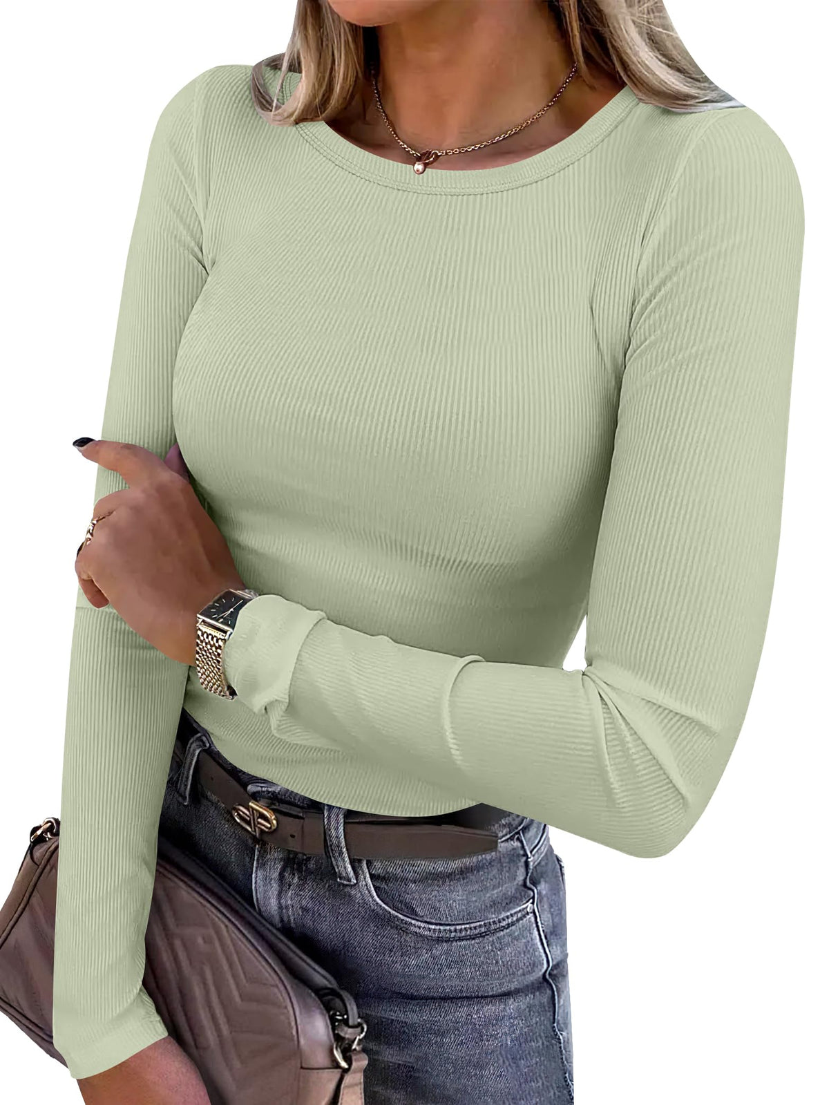 ANRABESS Women Long Sleeve Shirts Ribbed Fitted Tops Jansha Store