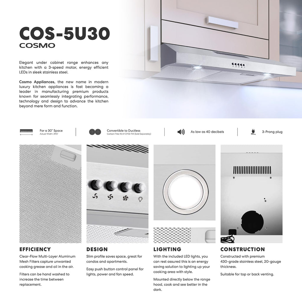COSMO COS-5MU30 30 in. Delta Collection Ducted Under Cabinet Range Hood, Button Controls, Reusable Filters, LED Lights, Stainless Steel Jansha Store