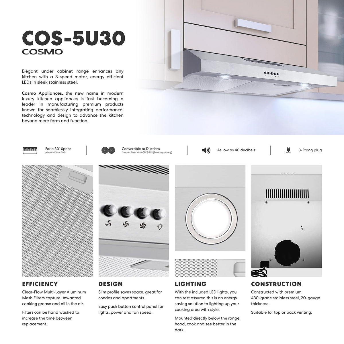 COSMO COS-5MU30 30 in. Delta Collection Ducted Under Cabinet Range Hood, Button Controls, Reusable Filters, LED Lights, Stainless Steel Jansha Store