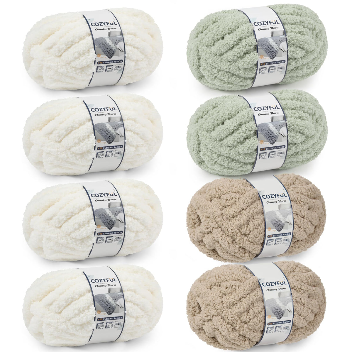 Cozyful Chunky Yarn for Hand Knitting - #10 Chunky Chenille Yarn, Jumbo Big Thick Chunky Yarns for Crocheting, Super Bulky Chunky Knit Blanket Yarns, 8 Skein (22 yds 8 oz Each Skein), Soft Sage Green Jansha Store
