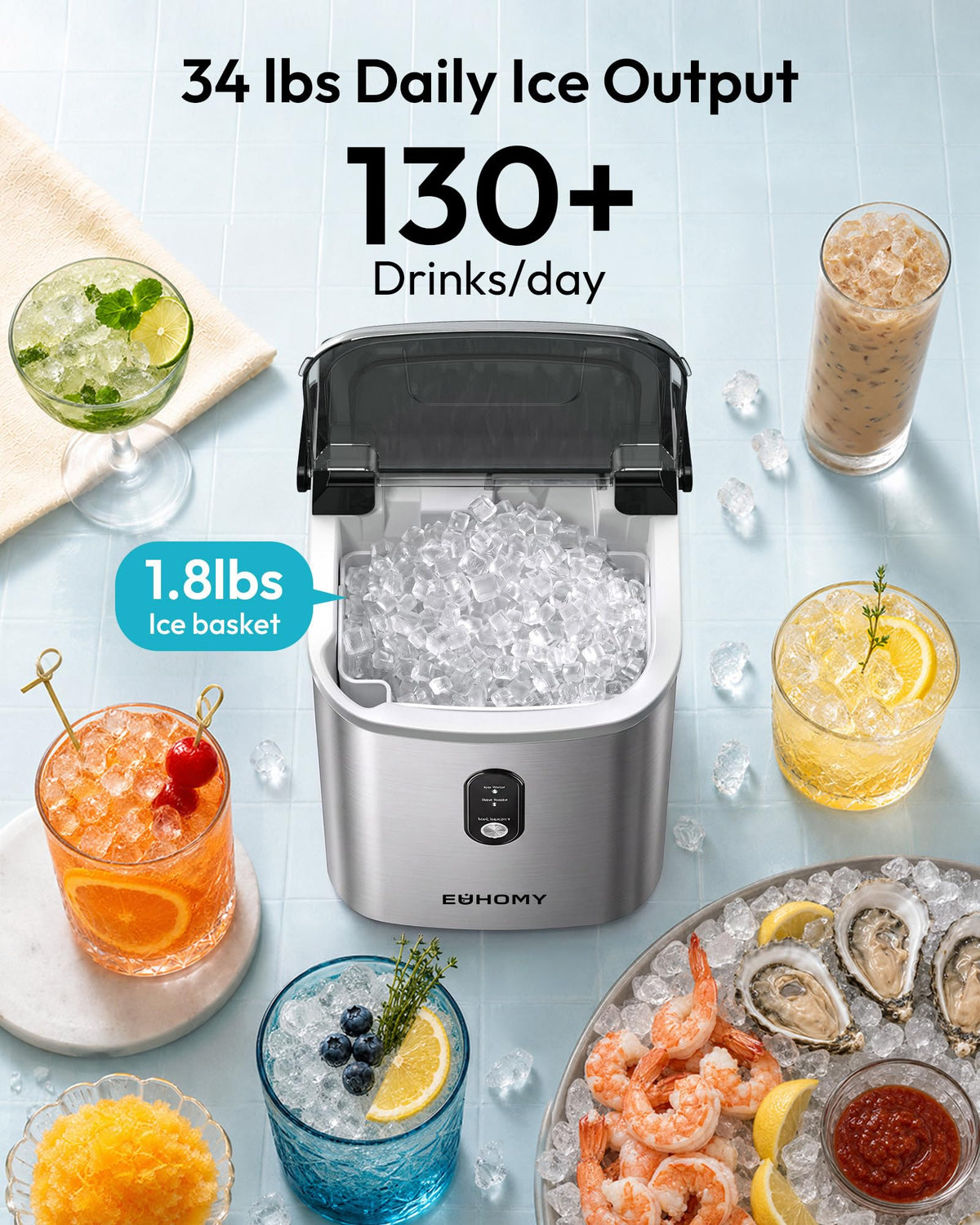 EUHOMY Nugget Ice Maker Countertop with Handle, Ready in 6 Mins, 34lbs Per Day, Removable Top Cover, Auto-Cleaning, Portable Sonic Ice Maker with Basket and Scoop, for Home/Party/RV/Camping (Black) Jansha Store