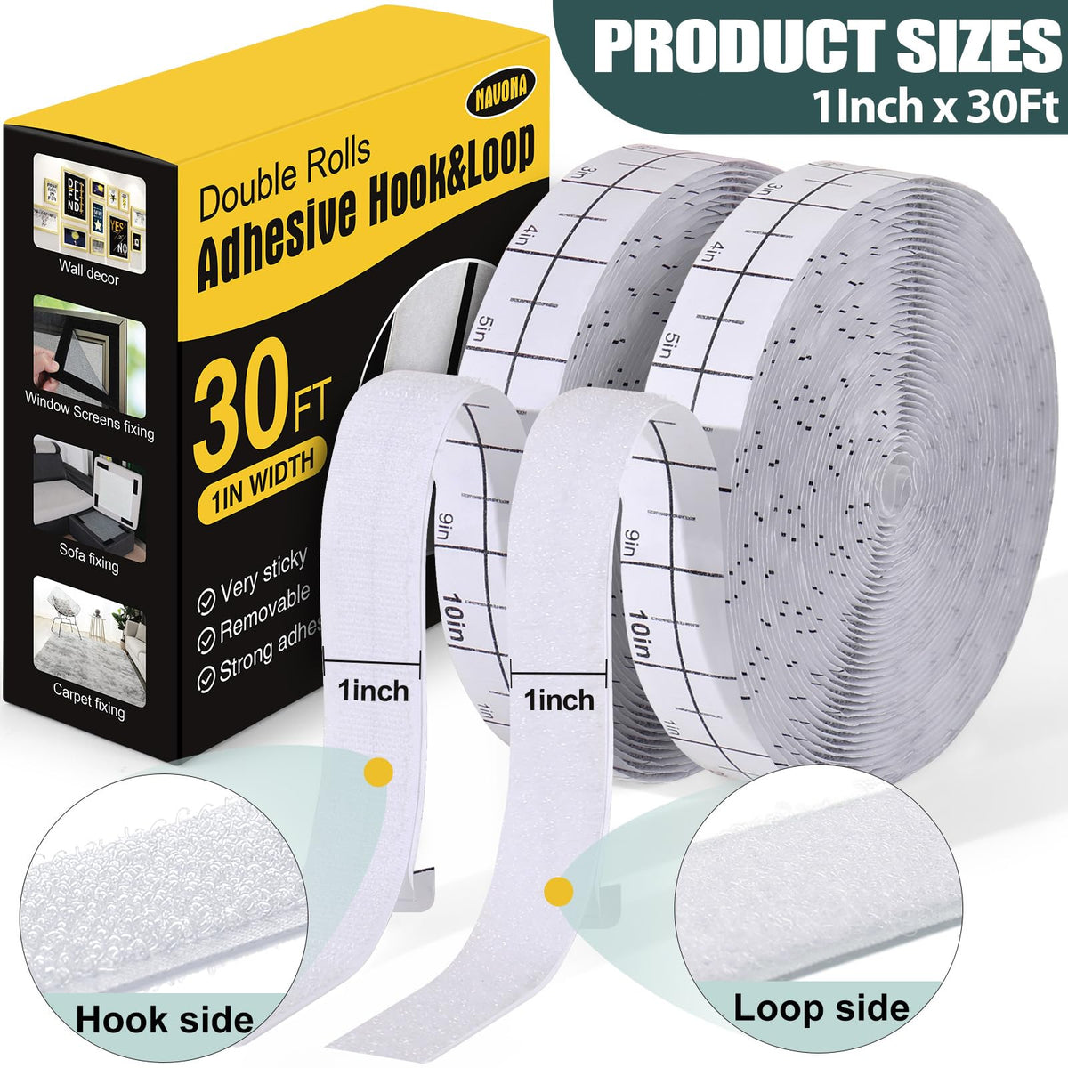 Navona 30Ft x 1 Inch Heavy Duty Hook and Loop Strips with Adhesive, Black Jansha Store
