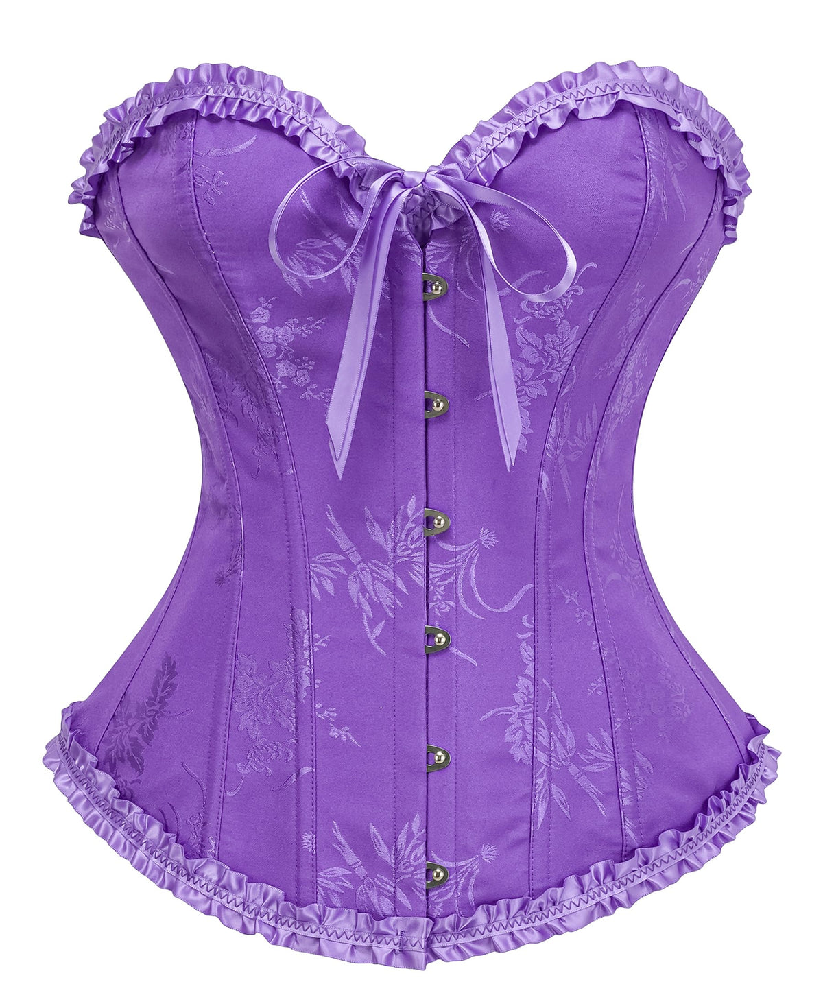 Black 14-bone overbust corset top shown from the front with lace-up back detail