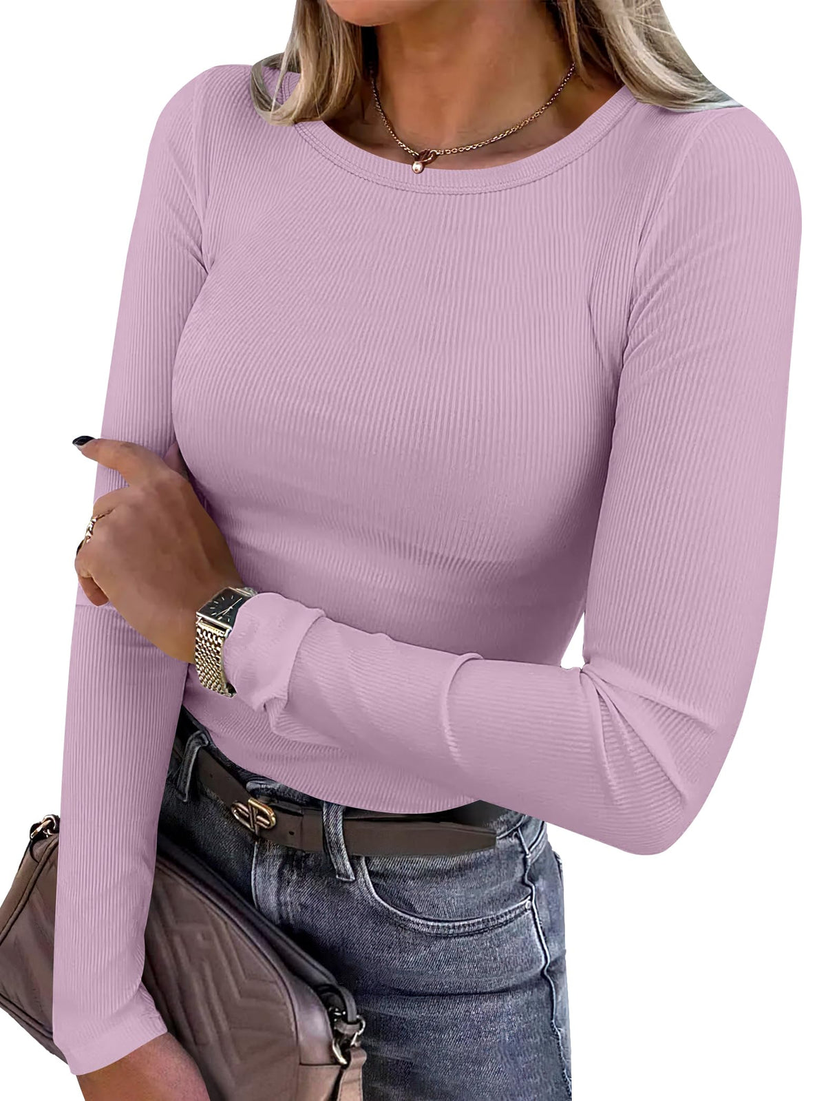 Women's long sleeve ribbed top shown in an alternate color