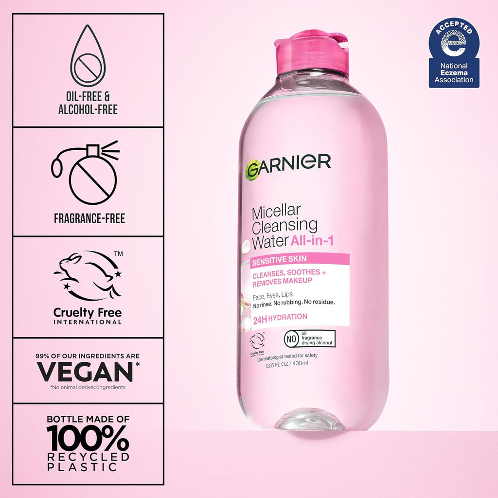 Garnier Micellar Water, Hydrating Facial Cleanser & Makeup Remover, Suitable for Sensitive Skin, Vegan, Cruelty Free, 13.5 Fl Oz (400mL), 1 Count Jansha Store