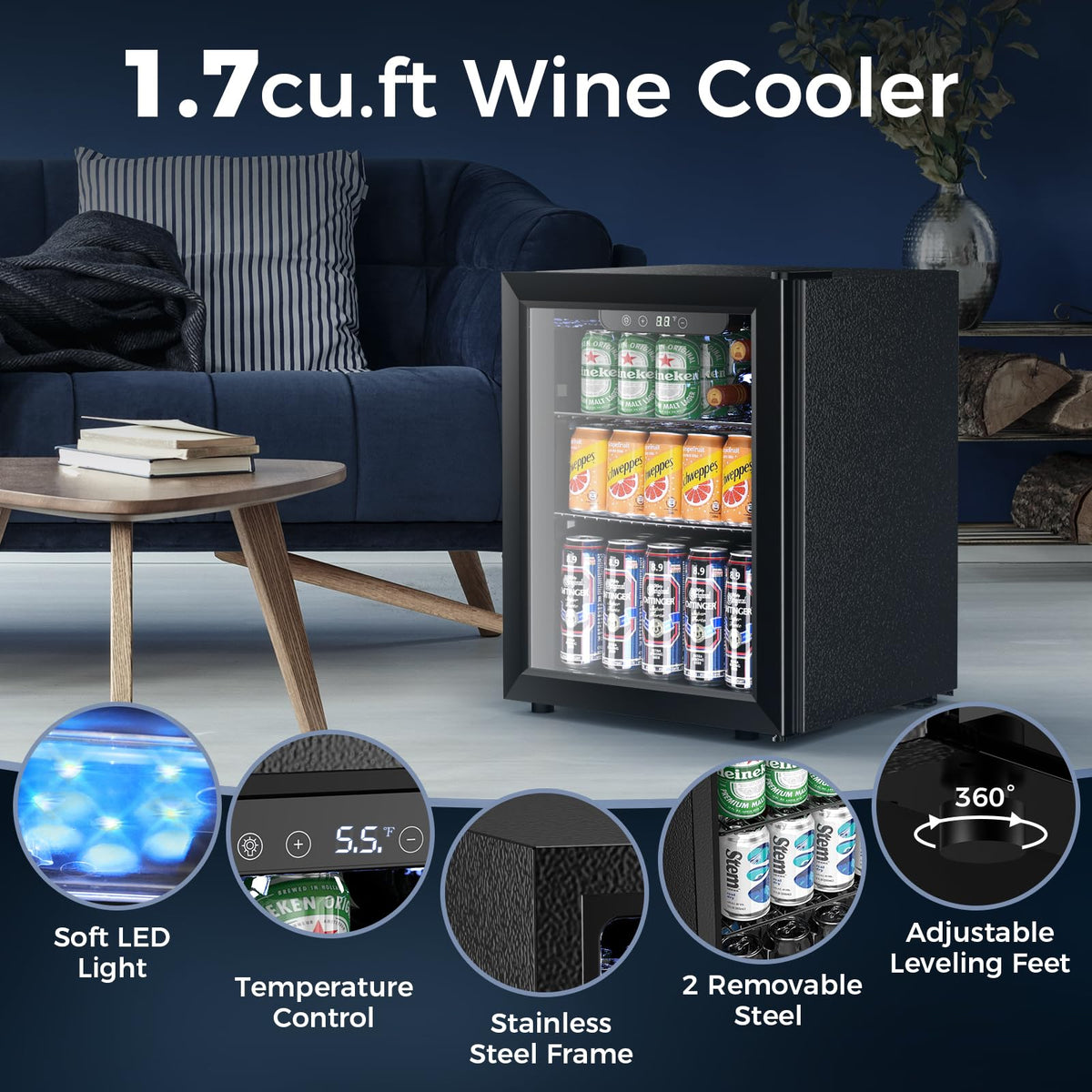 Electactic Mini Fridge 130 Can Beverage Refrigerator Cooler, 3.2 Cu.Ft Drink Fridge for Soda Wine Beer, Adjustable Temperature Control for Home Office, Black Jansha Store