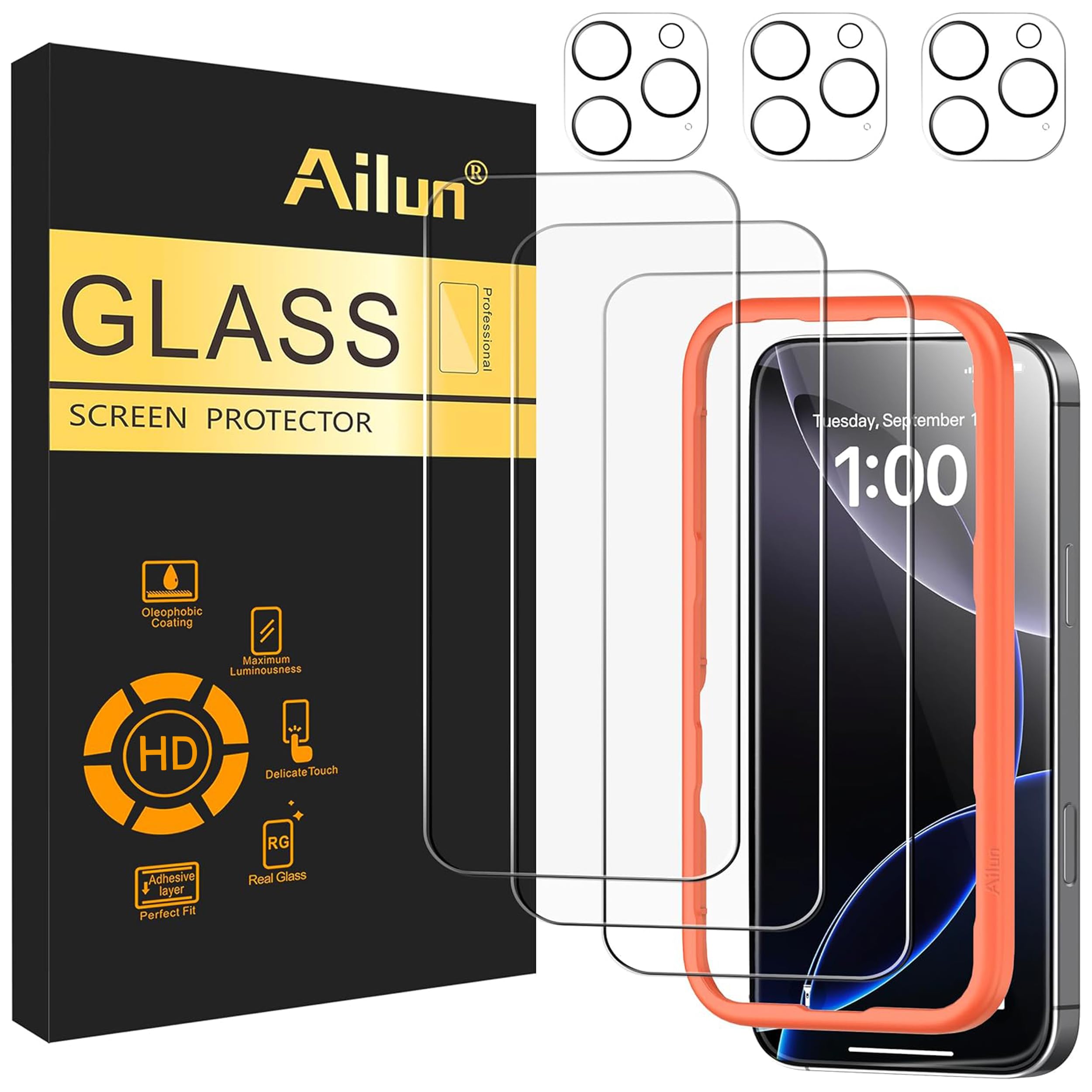 Ailun Screen Protector + Camera Lens Protector for iPhone 16 Pro, 3+3 Pack Jansha Store