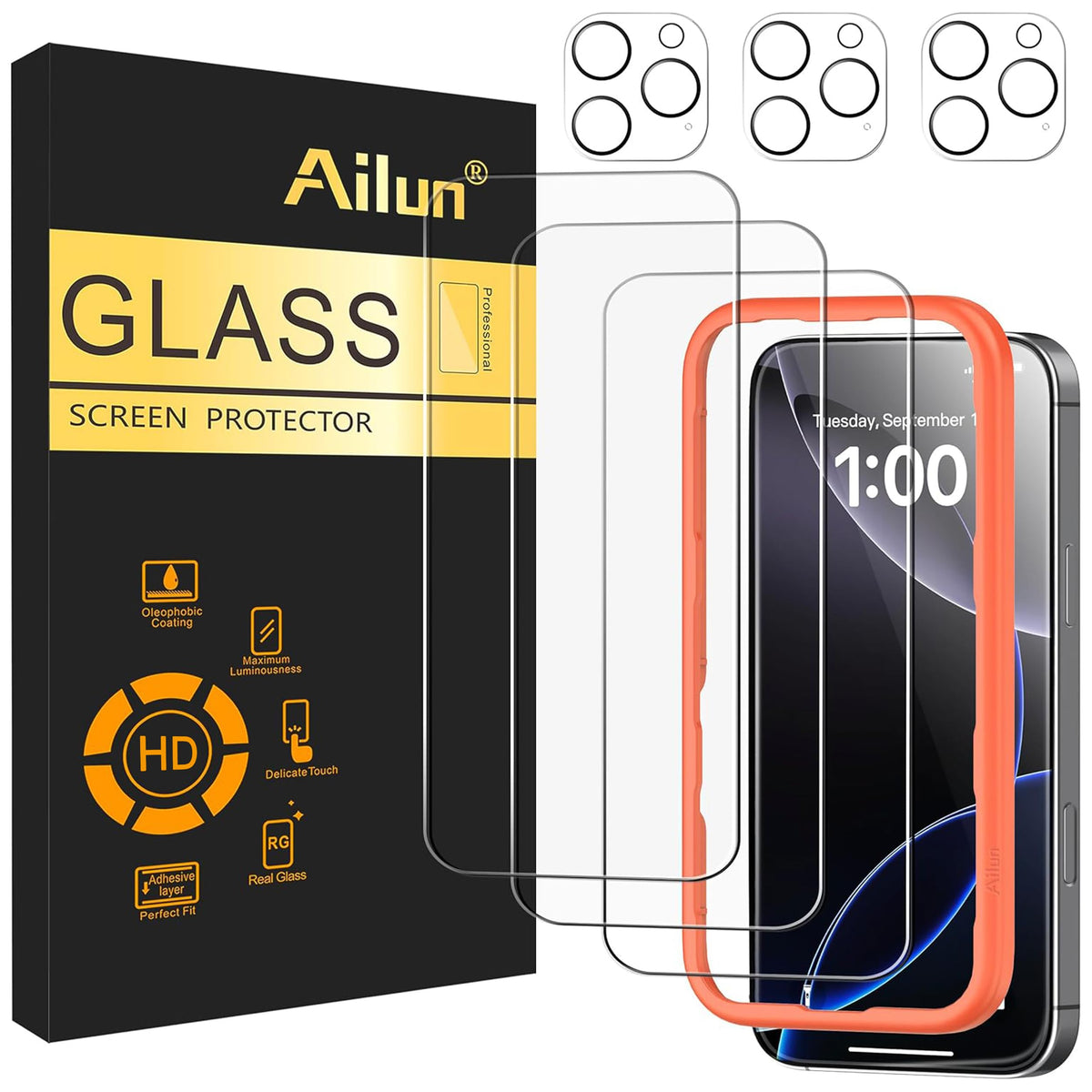 Ailun Screen Protector + Camera Lens Protector for iPhone 16 Pro, 3+3 Pack Jansha Store