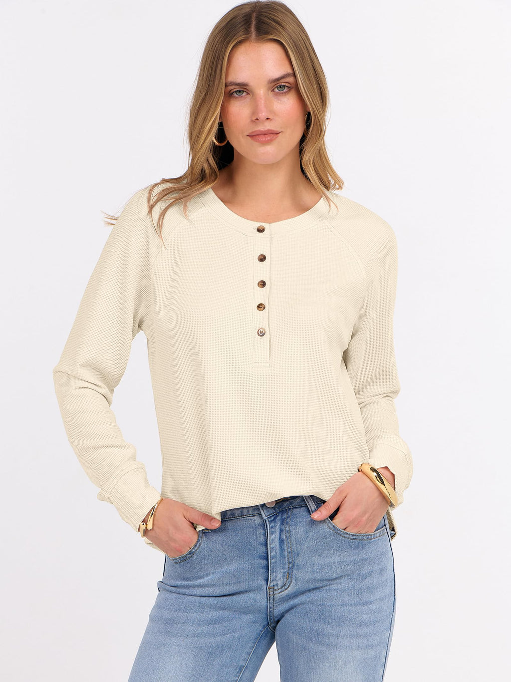 ANRABESS Women's Waffle Knit Henley Top Long Sleeve Shirts Jansha Store