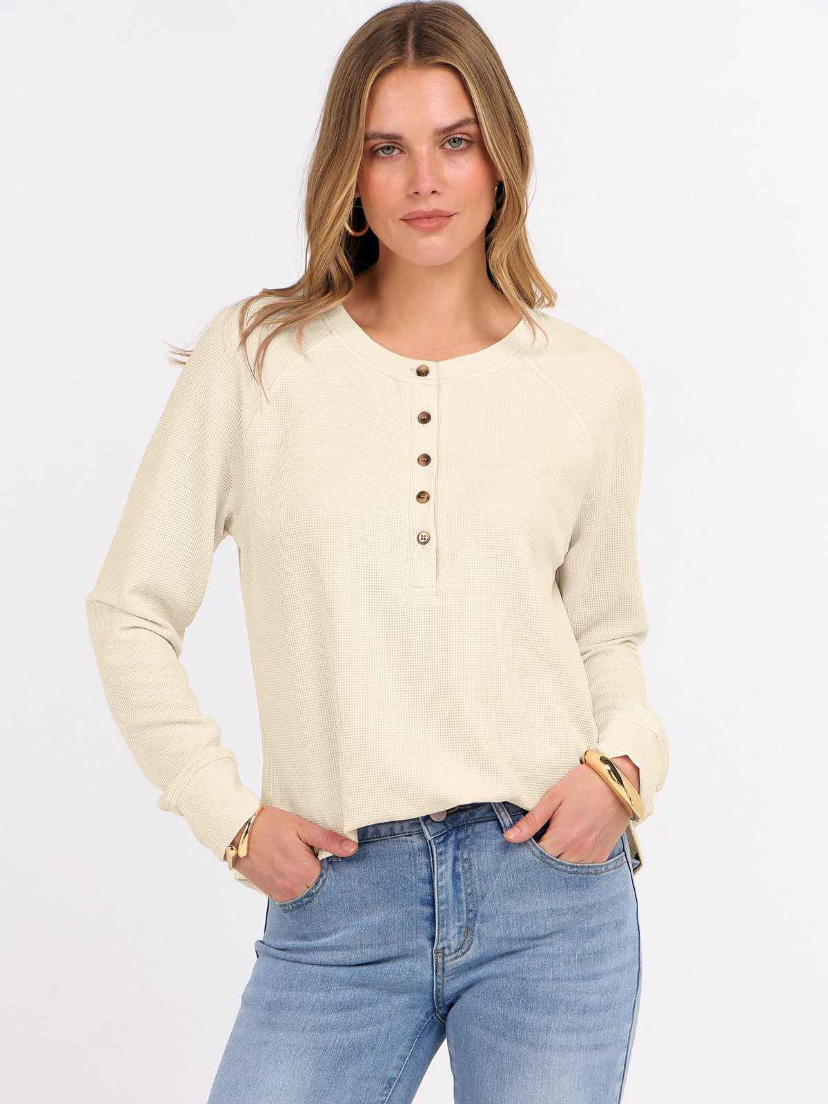 ANRABESS Women's Waffle Knit Henley Top Long Sleeve Shirts Jansha Store