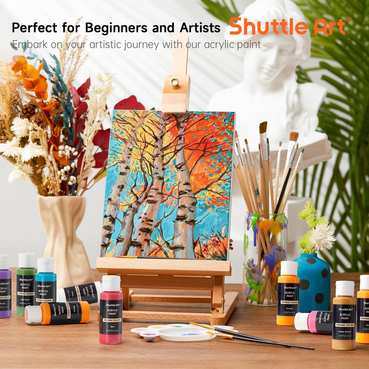 Shuttle Art Acrylic Paint, 36 Colors Acrylic Paint Set with Brushes & Palette, 2oz/60ml Bottles, Rich Pigments Non-toxic for Artists Kids & Adults, Painting on Canvas Rocks Ceramic Wood Jansha Store