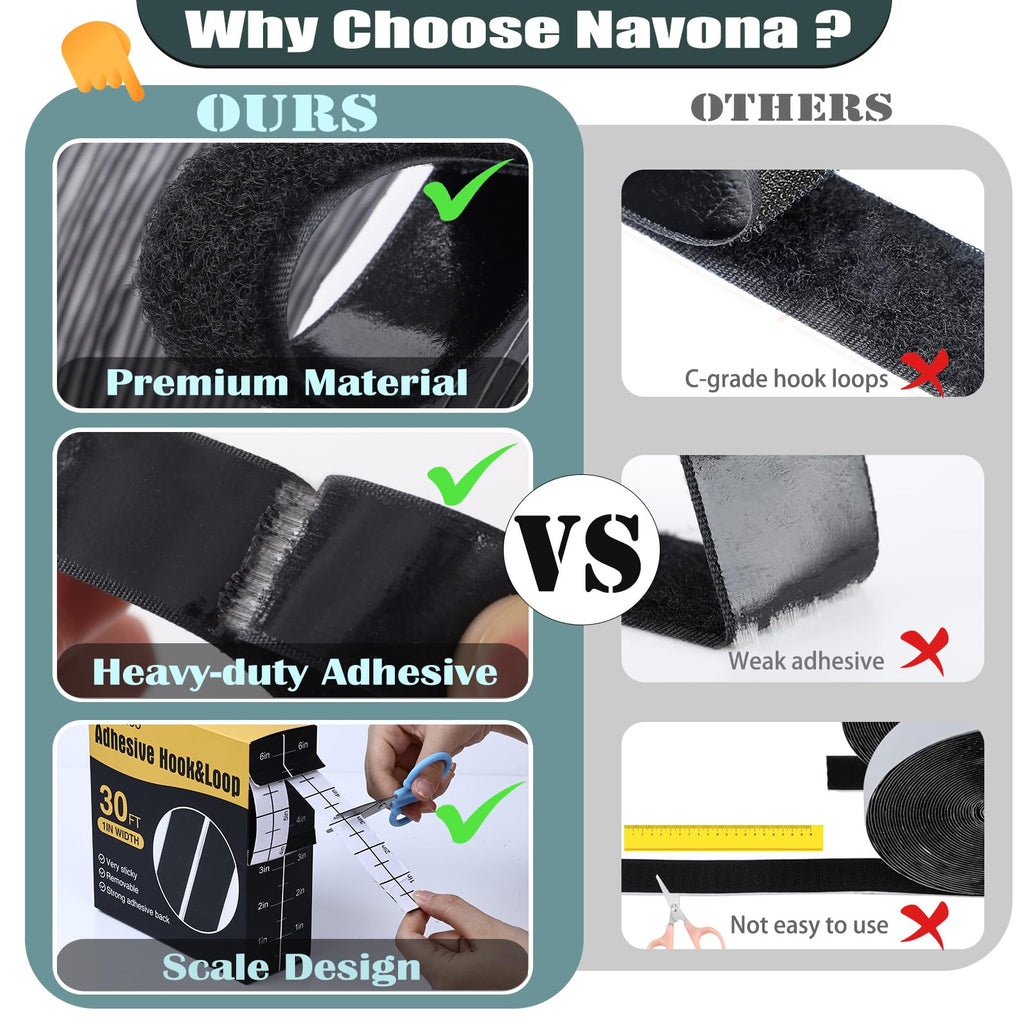 Navona 30Ft x 1 Inch Heavy Duty Hook and Loop Strips with Adhesive, Black Jansha Store