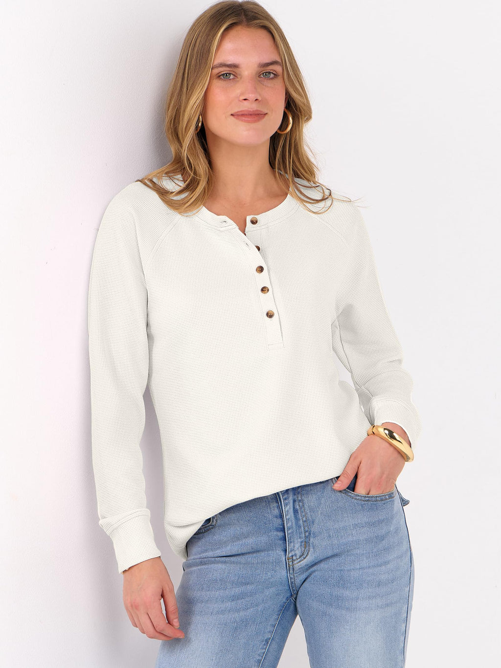 ANRABESS Women's Waffle Knit Henley Top Long Sleeve Shirts Jansha Store