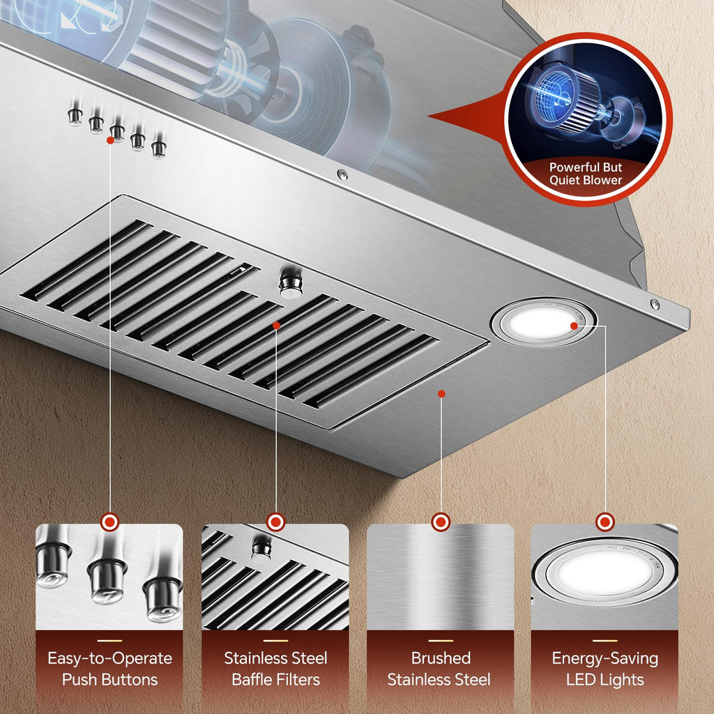 Range Hood Insert 30 inch,Stainless Steel Kitchen Vent Hood 600CFM,Built-in Kitchen Stove Hood w/Front Button Controls and Front LED Lights,Baffle Filters,Ducted/ductless Convertible Duct Jansha Store