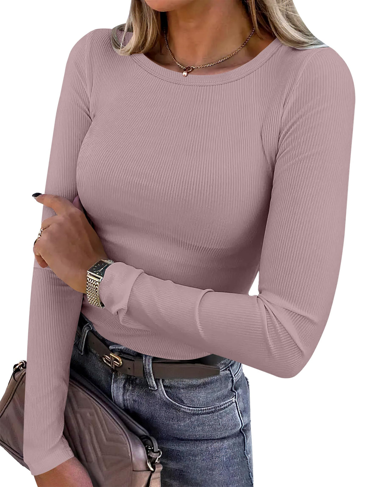 ANRABESS Women Long Sleeve Shirts Ribbed Fitted Tops Jansha Store