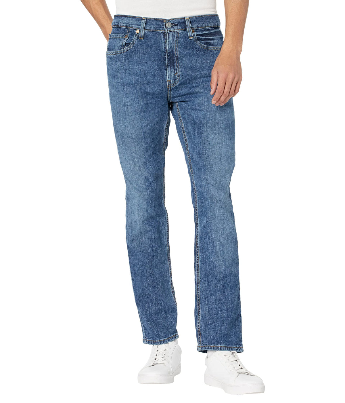 Men's 505 regular fit jeans hanging, showing the leg drape