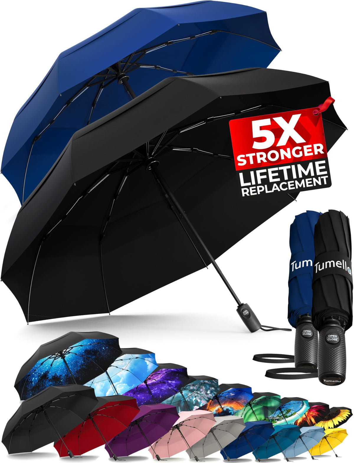TUMELLA Strongest Windproof Travel Umbrella (Compact, 100MPH Wind-Tested), Light, Portable, One-Handed Use, Automatic Folding Rain Umbrella, Durable, Premium Grip, Fits Car & Backpack Jansha Store