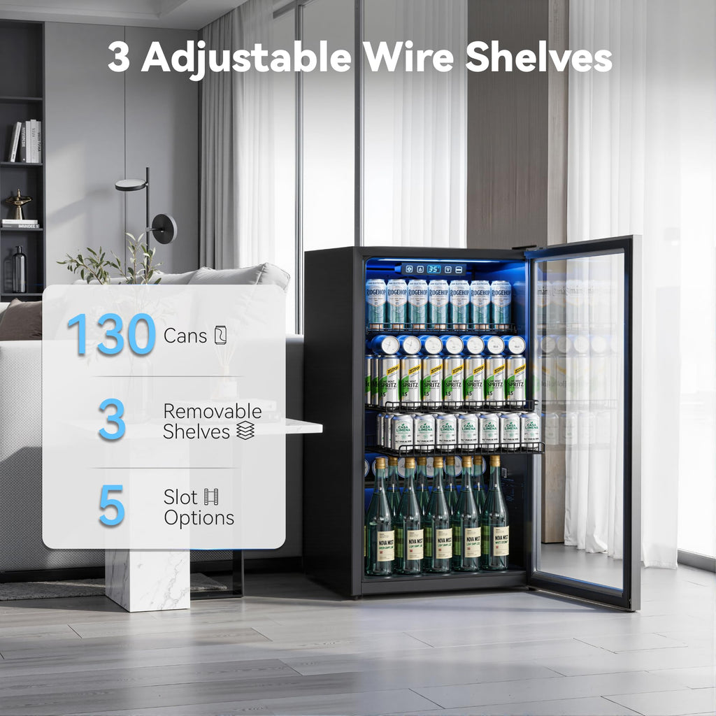 130 Can Beverage Refrigerator, 3.2 Cu.ft Fridge, Glass Door Jansha Store