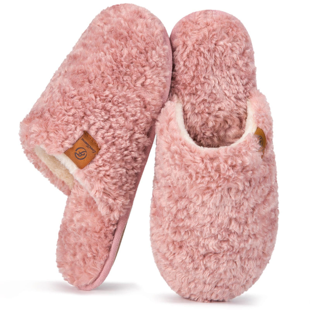Close-up of the soft fuzzy upper on women's warm indoor slippers