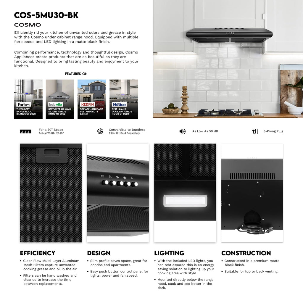 COSMO COS-5MU30 30 in. Delta Collection Ducted Under Cabinet Range Hood, Button Controls, Reusable Filters, LED Lights, Stainless Steel Jansha Store