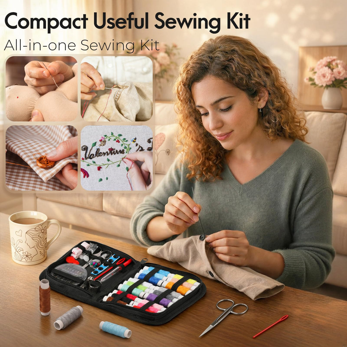 Coquimbo Sewing Kit Gifts for Adults Teen Grils Women Mom Grandma, Portable Sewing Supplies Contains Tape Measure, Scissors, Thimble, Thread, Sewing Needles (Beige, M) Jansha Store
