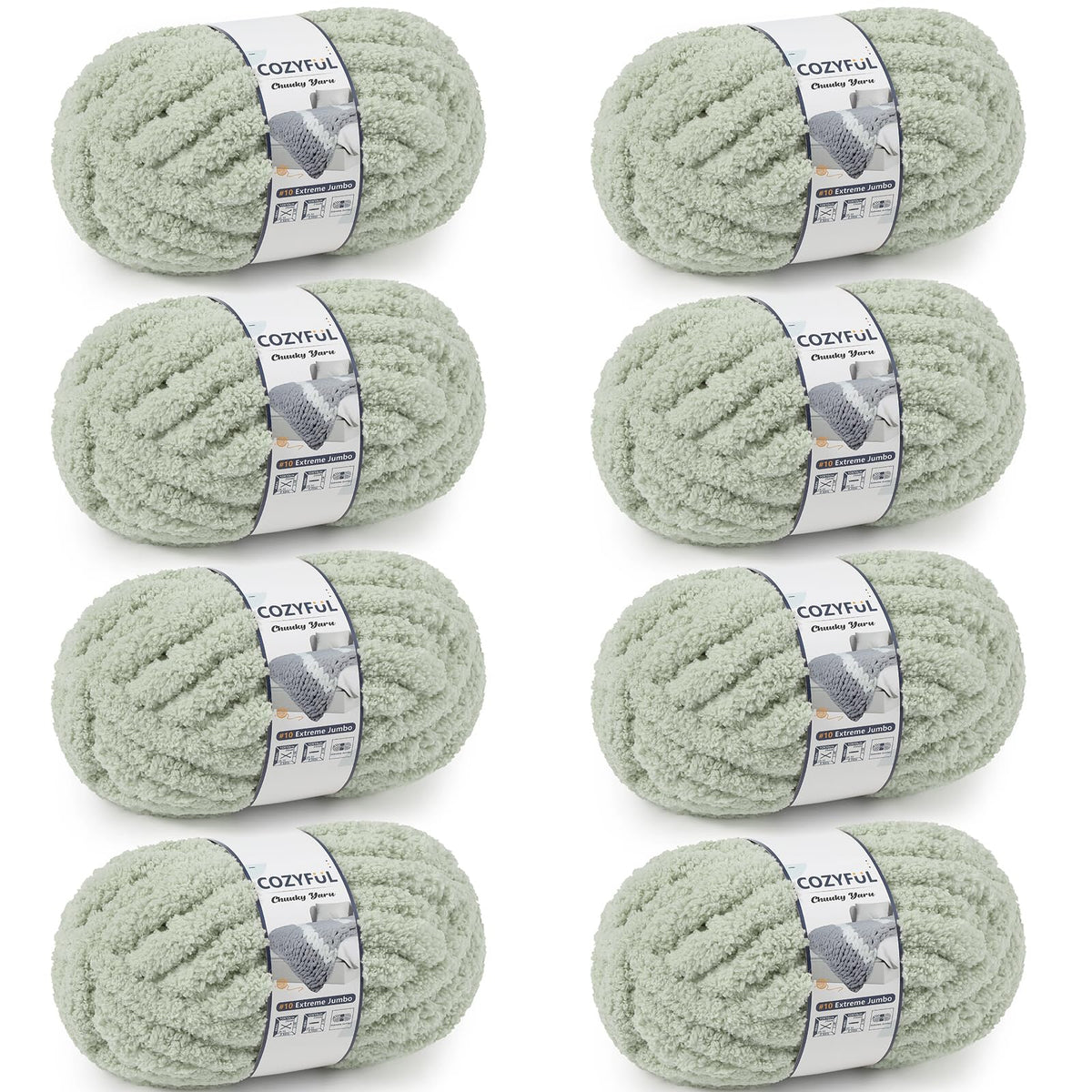 Cozyful Chunky Yarn for Hand Knitting - #10 Chunky Chenille Yarn, Jumbo Big Thick Chunky Yarns for Crocheting, Super Bulky Chunky Knit Blanket Yarns, 8 Skein (22 yds 8 oz Each Skein), Soft Sage Green Jansha Store