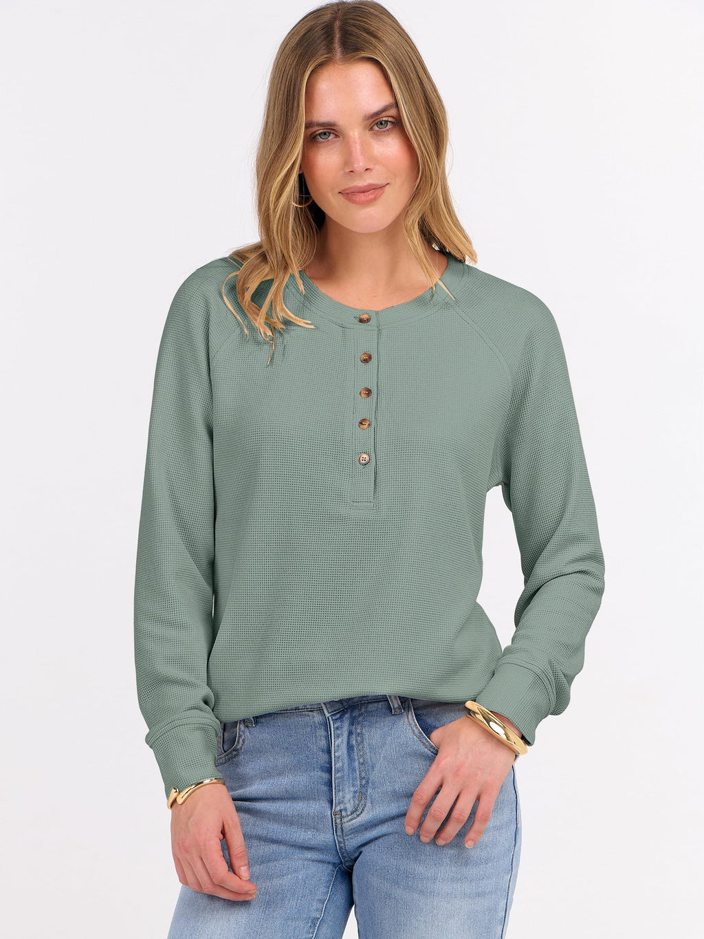 ANRABESS Women's Waffle Knit Henley Top Long Sleeve Shirts Jansha Store