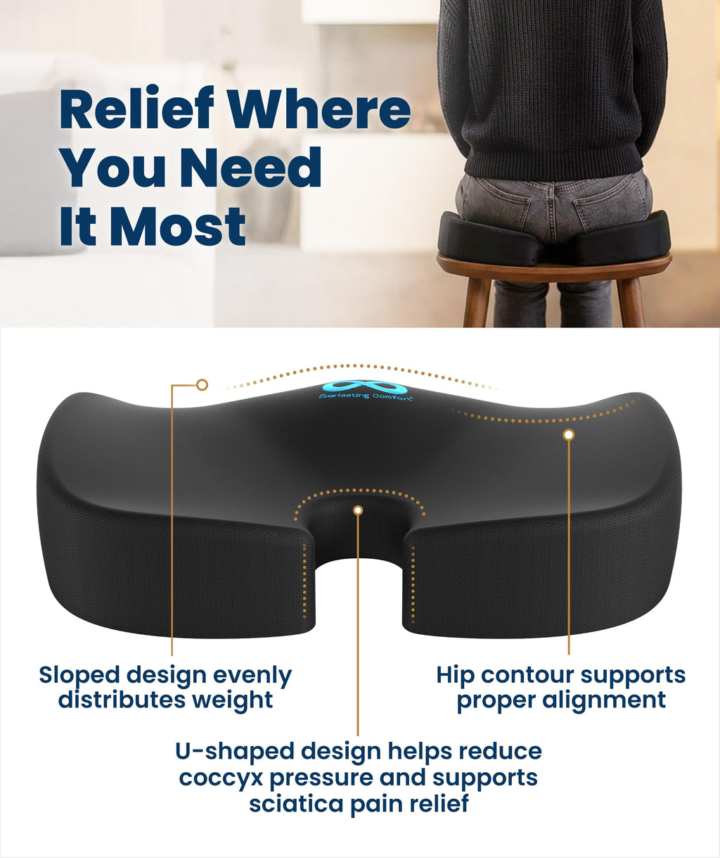 Everlasting Comfort Doctor Recommended Memory Foam Seat Cushion for Office Chairs & Car - Ergonomic Office Desk Accessories - Cushions for Tailbone Pain Relief, Sciatica (Black, Large) Jansha Store