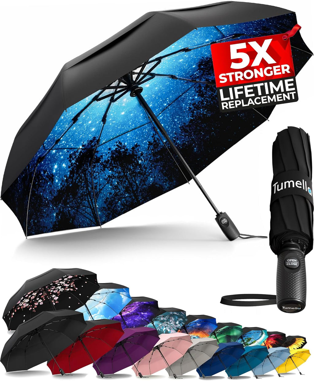 TUMELLA Strongest Windproof Travel Umbrella (Compact, 100MPH Wind-Tested), Light, Portable, One-Handed Use, Automatic Folding Rain Umbrella, Durable, Premium Grip, Fits Car & Backpack Jansha Store
