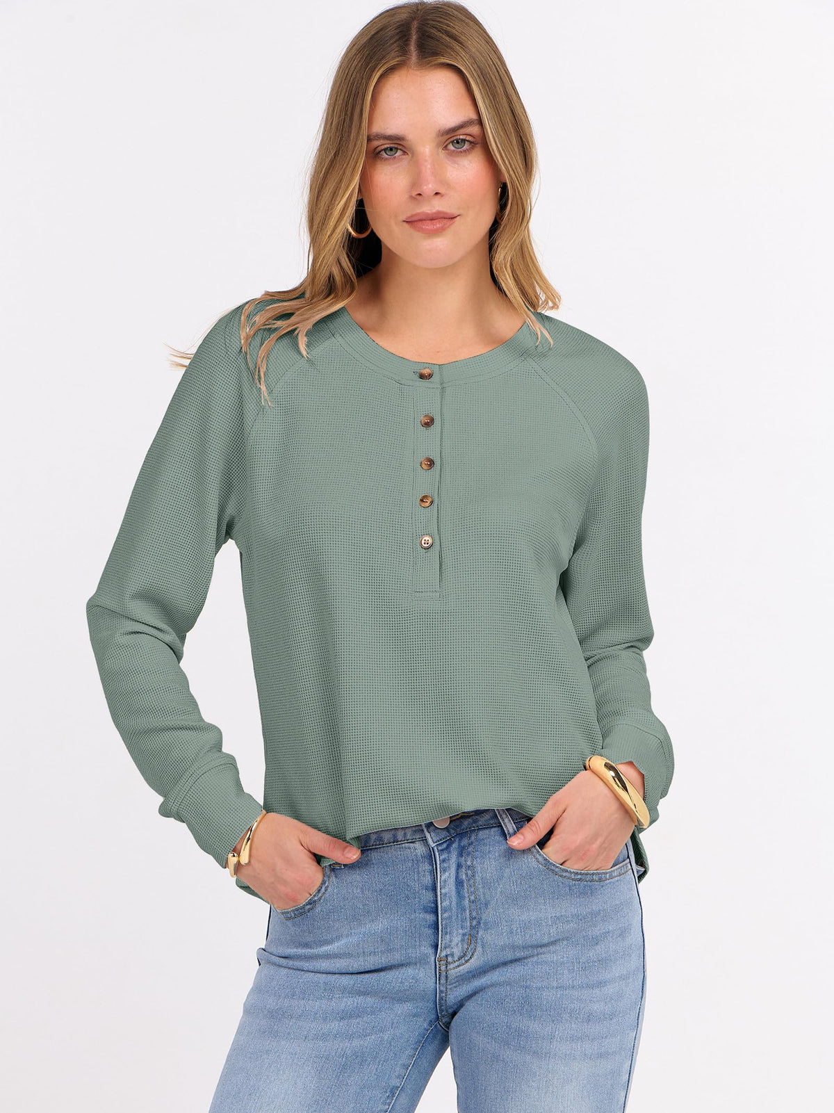 ANRABESS Women's Waffle Knit Henley Top Long Sleeve Shirts Jansha Store
