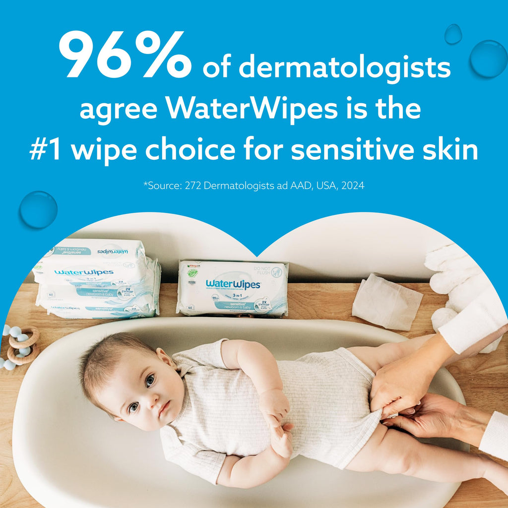 WaterWipes Sensitive+ Newborn & Baby Wipes, 3-In-1 Cleans, Cares, Protects, 99.9% Water, Unscented & Hypoallergenic, 720 Count (12 Packs) Jansha Store