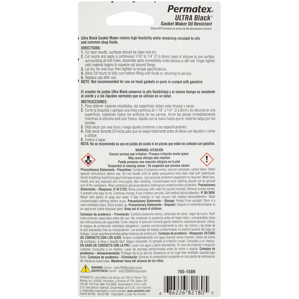 Permatex 82180 Ultra Black Maximum Oil Resistance RTV Silicone Gasket Maker, Sensor Safe and Non-Corrosive, for High Flex and Oil Resistant Applications 3 oz Jansha Store