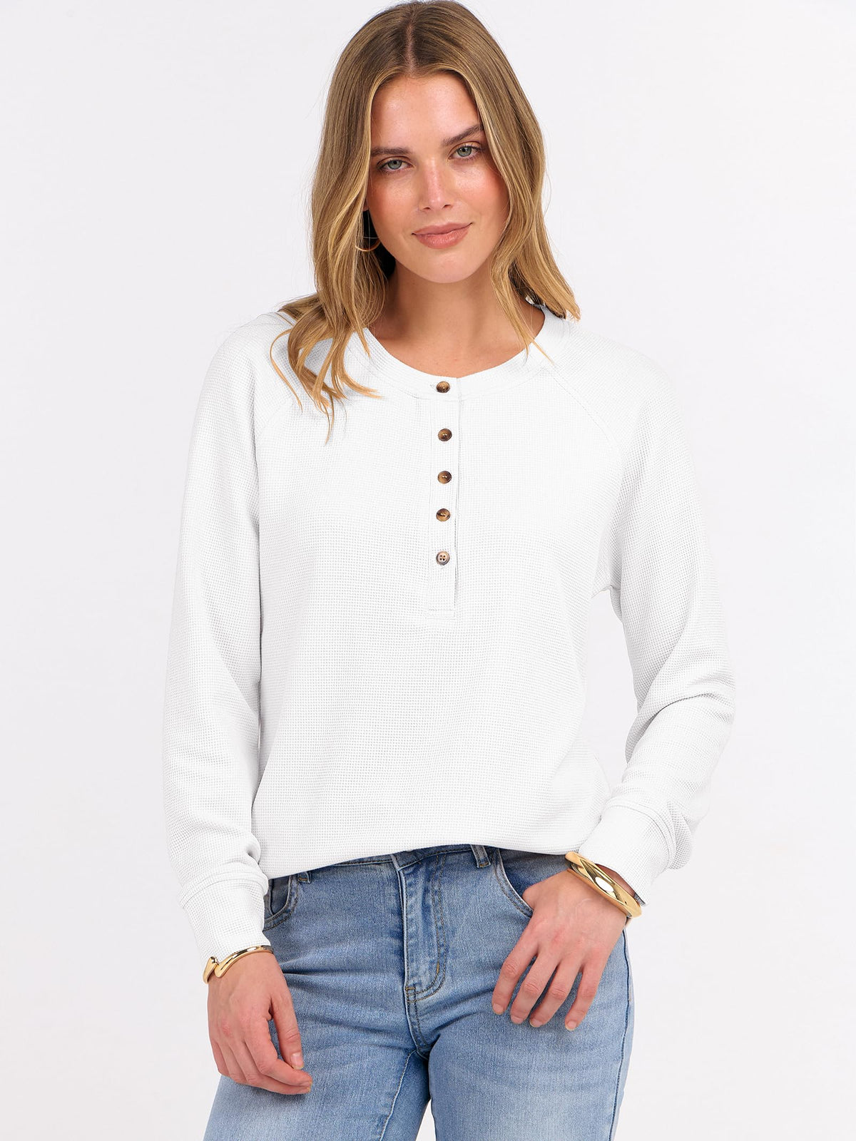 ANRABESS Women's Waffle Knit Henley Top Long Sleeve Shirts Jansha Store