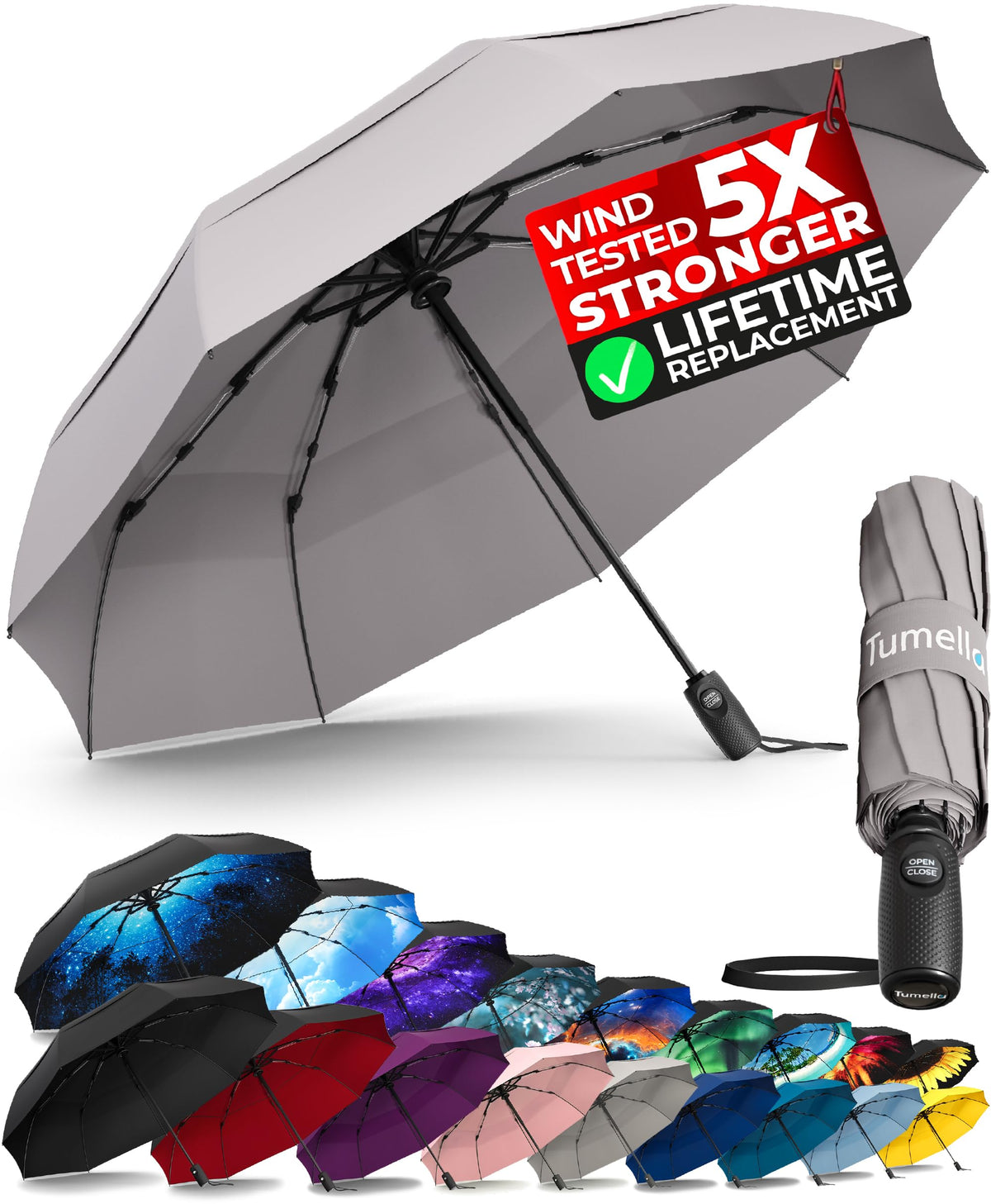 TUMELLA Strongest Windproof Travel Umbrella (Compact, 100MPH Wind-Tested), Light, Portable, One-Handed Use, Automatic Folding Rain Umbrella, Durable, Premium Grip, Fits Car & Backpack Jansha Store