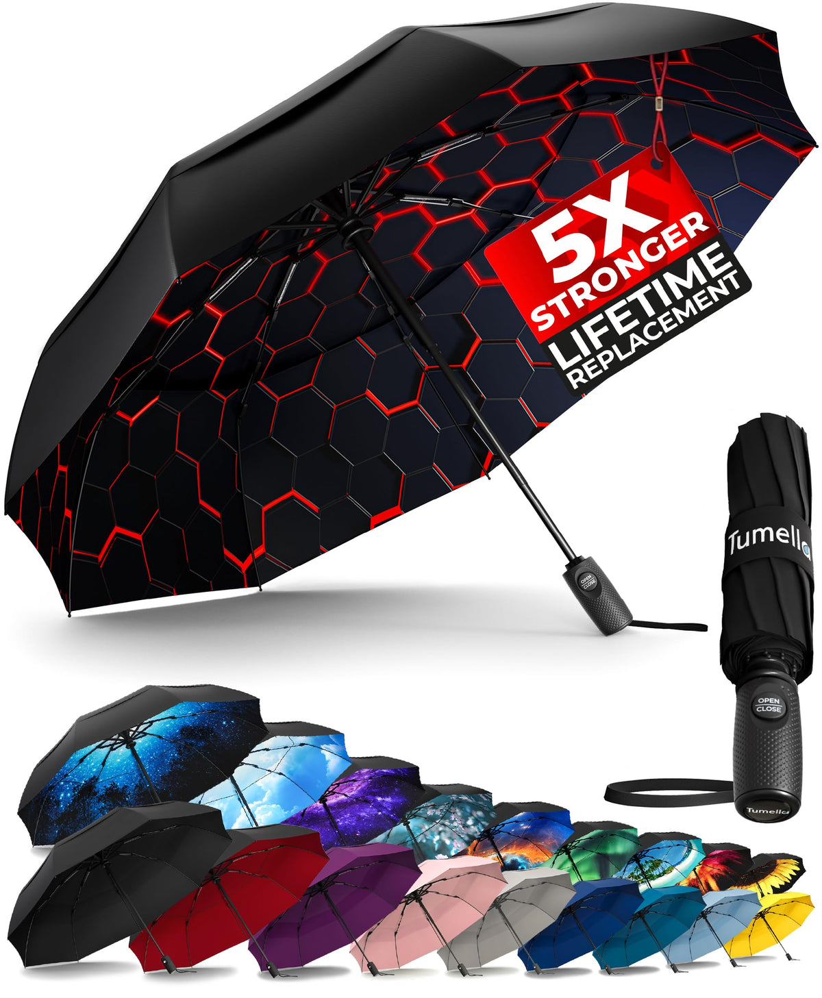 TUMELLA Strongest Windproof Travel Umbrella (Compact, 100MPH Wind-Tested), Light, Portable, One-Handed Use, Automatic Folding Rain Umbrella, Durable, Premium Grip, Fits Car & Backpack Jansha Store