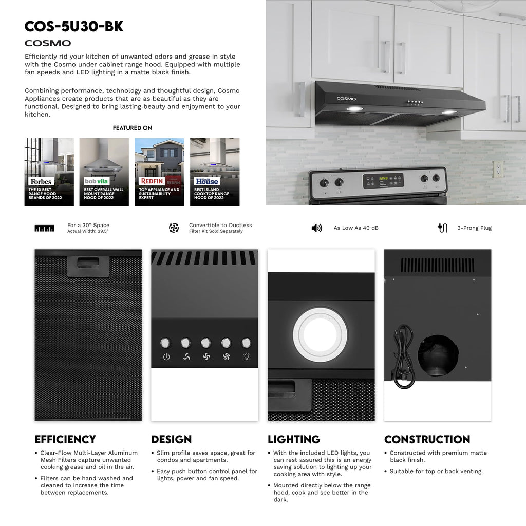 COSMO COS-5MU30 30 in. Delta Collection Ducted Under Cabinet Range Hood, Button Controls, Reusable Filters, LED Lights, Stainless Steel Jansha Store