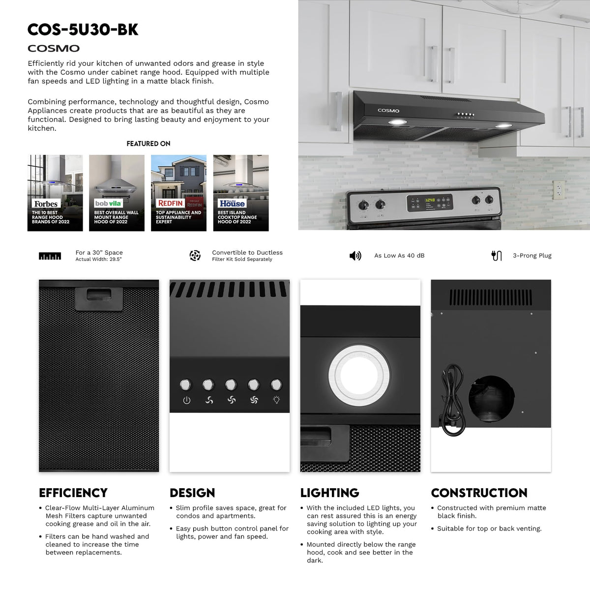 COSMO COS-5MU30 30 in. Delta Collection Ducted Under Cabinet Range Hood, Button Controls, Reusable Filters, LED Lights, Stainless Steel Jansha Store