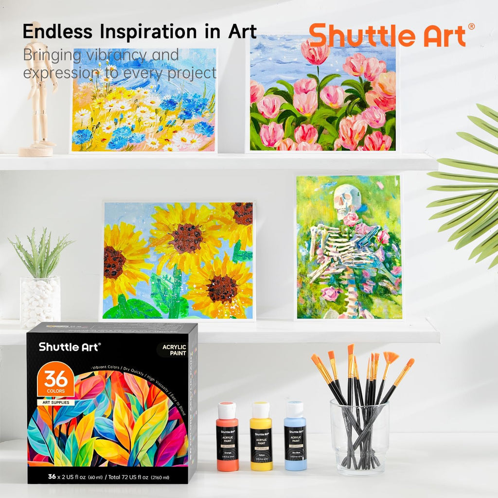 Shuttle Art Acrylic Paint, 36 Colors Acrylic Paint Set with Brushes & Palette, 2oz/60ml Bottles, Rich Pigments Non-toxic for Artists Kids & Adults, Painting on Canvas Rocks Ceramic Wood Jansha Store